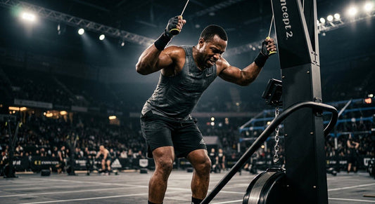 A professional athlete in sharp focus pulling hard on a Concept2 SkiErg with cinematic stadium lighting and dramatic contrast.