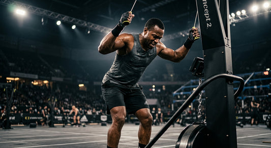 A professional athlete in sharp focus pulling hard on a Concept2 SkiErg with cinematic stadium lighting and dramatic contrast.