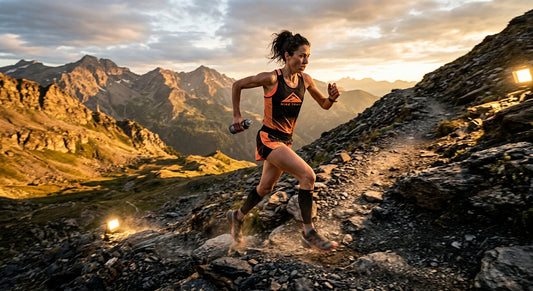 A professional mountain runner sprinting up a steep, rocky trail in golden hour light with motion blur on the feet and cinematic stadium-style lighting.