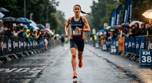 A professional marathon runner in mid-stride during a rain-soaked race, captured with high-speed photography showing sharp muscle definition and intense focus.