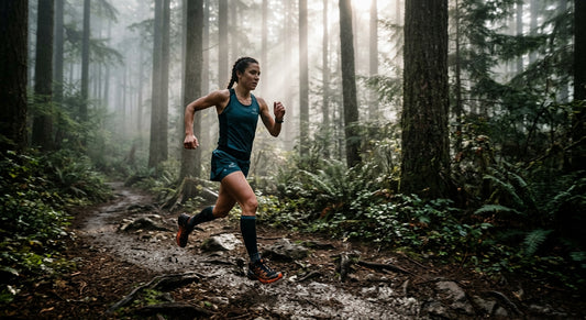 A female trail runner sprinting through a misty forest at dawn, captured with high-speed cinematic lighting.
