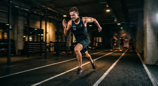 A professional action shot of a hybrid athlete sprinting on a dark, moody gym track with motion blur and cinematic lighting.