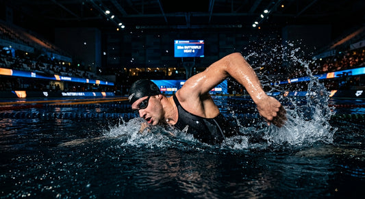 Professional swimmer performing a high-speed catch phase in a dimly lit, cinematic competition pool with water droplets frozen in mid-air.