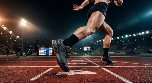 A close-up, high-speed action shot of the Atmospar Craft shoe mid-stride on a professional running track under moody, cinematic stadium lighting.