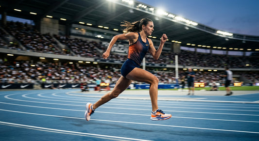 A professional high-speed action shot of a runner in a stadium, featuring the Nike Vomero Plus silhouette with motion blur and dramatic cinematic lighting.