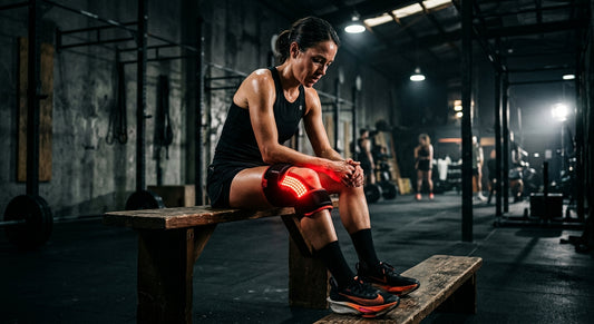 A professional runner wearing a sleek, illuminated red light knee wrap while resting in a moody, high-contrast training facility with cinematic stadium lighting.