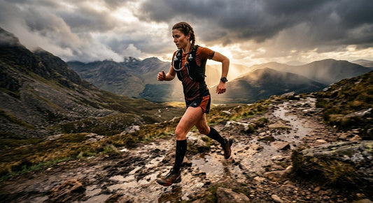 A solo trail runner in a hydration vest speeding down a muddy mountain path under dramatic cinematic lighting, showcasing motion blur on their trail running shoes and a rugged satellite watch on their wrist.