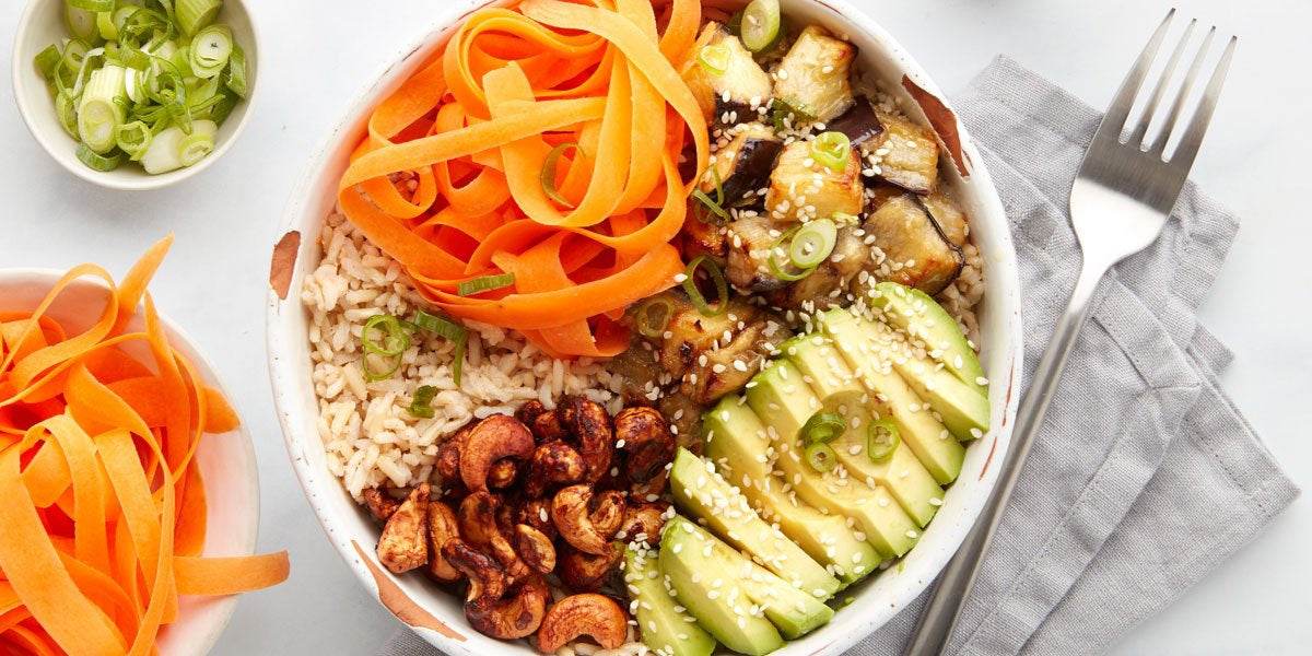 Miso Aubergine Buddha Bowl With Tamari Nuts - Sundried