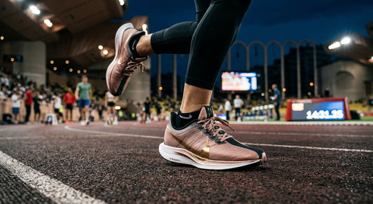 Professional close-up of a high-performance running shoe featuring a metallic Rose Gold finish in a cinematic stadium setting.
