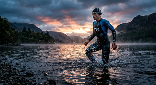 A professional open water swimmer entering a cold lake at dawn with dramatic lighting and water droplets frozen in motion.