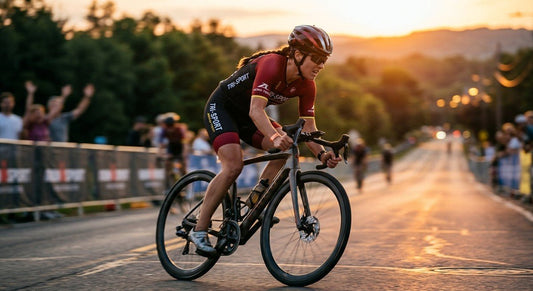 A professional triathlete in an aerodynamic trisuit cycling with intense focus during a sunset race, captured with high-speed motion blur.