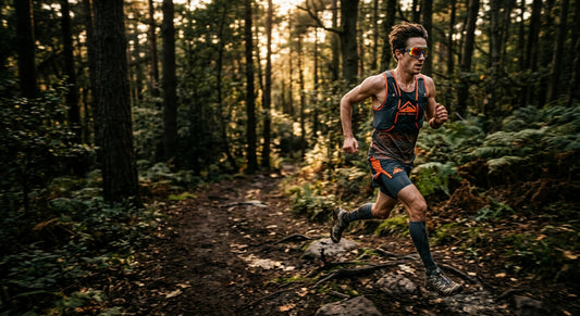 A professional trail runner sprinting through a dense forest with dramatic cinematic lighting highlighting the motion blur and sharp details of their high-contrast sports eyewear.