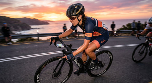 A high-speed action shot of a professional cyclist using a Garmin Edge 1050 on a carbon road bike during a sunset race.
