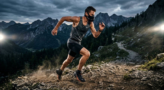 Professional high-speed athletic action photography of a runner wearing a high-altitude training mask on a mountain trail with cinematic stadium lighting