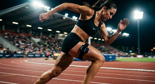 A close-up shot of an athlete wearing a sleek wireless muscle stimulator on their quadriceps, with dramatic stadium lighting and high-speed motion blur.
