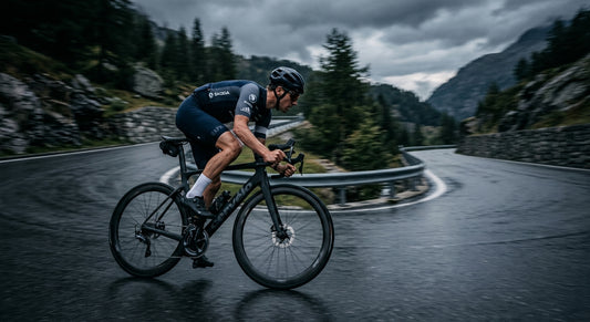 A professional cyclist in a tuck position, captured with motion blur and high-speed photography on a dramatic, moody road.
