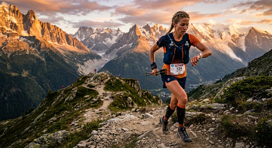 A professional ultra-marathon runner checking a high-tech GPS watch during a rugged mountain trail run at sunset with dramatic lighting.