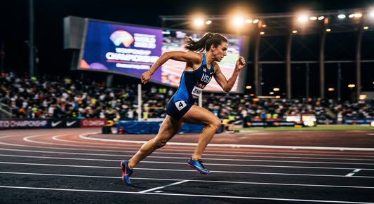 A professional runner sprinting with cinematic stadium lighting and dramatic motion blur capturing intense focus.