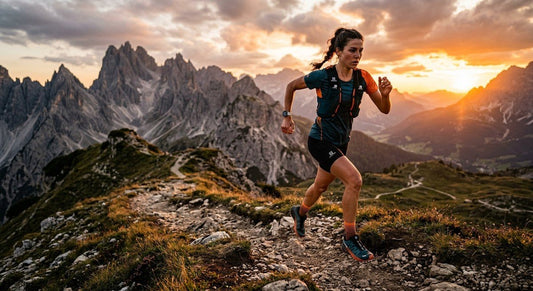 A trail runner in motion, captured with a high-speed camera, showing intense focus and athletic form on a rugged mountain path under dramatic sunset lighting.