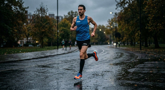 Daniel Puddick testing the HOKA Skyflow 2 on a wet road run