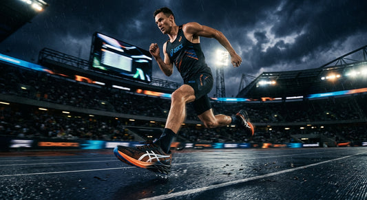ASICS Sonicblast 2 shoe captured in high-speed motion against a dark, dramatic stadium backdrop with atmospheric lighting.