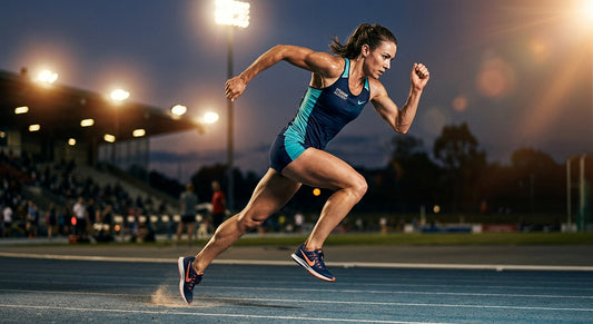 A close-up action shot of a professional runner mid-stride at dusk, with dramatic stadium floodlights casting long shadows and showing intense focus and athletic muscle definition.