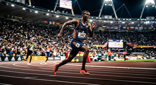 Professional endurance runner captured in mid-sprint with dramatic stadium lighting and sharp motion blur.