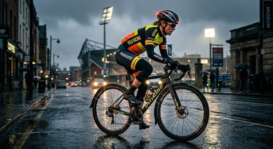 A professional cyclist in high-visibility gear riding a road bike through a moody, rain-slicked city street at dawn with cinematic stadium lighting.