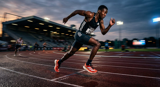 High-speed action shot of a professional athlete wearing the Adidas Adizero Adios Pro 5 on a track with motion blur