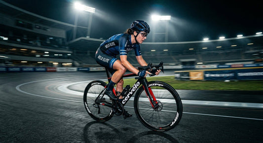 Professional cyclist training on a road bike with cinematic stadium lighting and motion blur