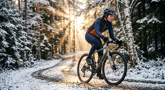 A professional gravel cyclist riding through a snow-dusted forest at dawn with dramatic backlighting and motion blur.