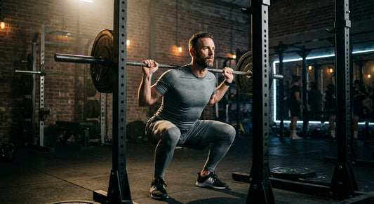 A male master athlete in his 40s performing a heavy barbell squat with perfect form in a moody, dimly lit gym, cinematic lighting highlighting muscle definition.