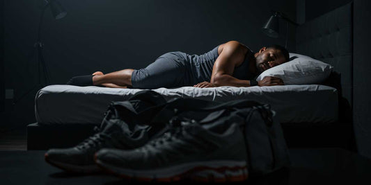 A full length view of a fit athlete sleeping deeply in a dark bedroom with a gym bag resting in the foreground.