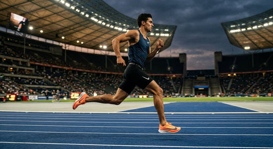 A side profile of the Nike Zoom Fly 7 capturing a runner in motion on a professional track under cinematic stadium lighting.