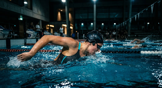 Professional swimmer wearing sleek bone conduction headphones during a high-intensity training session in a pool with cinematic, dramatic lighting.