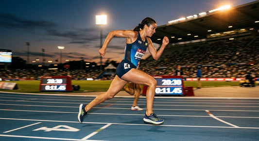 A professional runner sprinting on a track at dusk with dramatic stadium lighting and motion blur