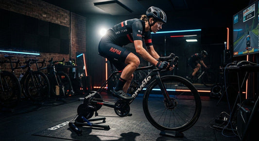 Professional cyclist training on a smart turbo trainer in a dimly lit, high-tech indoor studio with dramatic cinematic lighting.