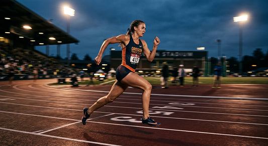 A professional runner sprinting on a track at dusk, captured with high-speed motion blur and dramatic stadium lighting.