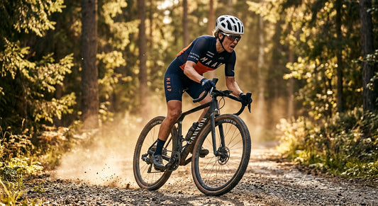 A professional cyclist sprinting on a gravel bike equipped with wide 50mm tyres through a dusty, sun-drenched forest path with cinematic lighting.