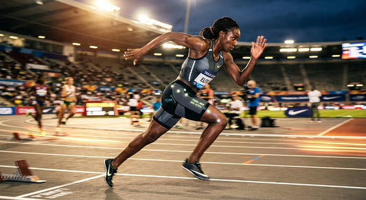 Professional athlete wearing high-tech sEMG smart shorts during an intense track sprint with cinematic stadium lighting and motion blur.