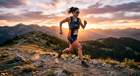 Professional high-speed shot of an athlete wearing Bollé Trailchaser sunglasses during a trail run at sunset.