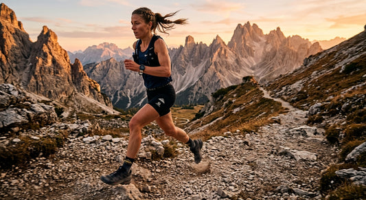 A professional action shot of an athlete sprinting on a rocky mountain trail at sunset, motion blur on the feet, cinematic lighting.