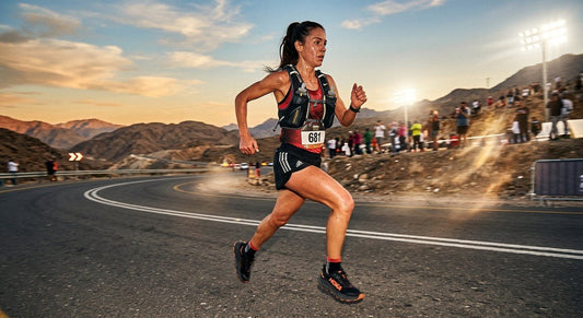 Professional high-speed athletic action photography of a runner wearing a light hydration vest on a hot sunny road with cinematic stadium lighting and sharp fine details