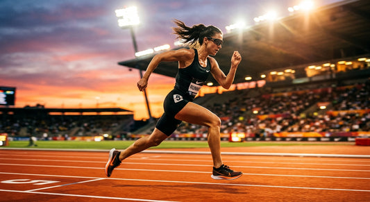 A professional action shot of a runner wearing high-performance sunglasses during a sprint at sunset with dramatic stadium lighting.