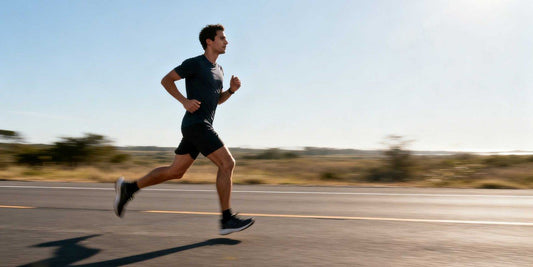 A full length photo of a female athlete running with a steady and relaxed pace on a quiet country road.