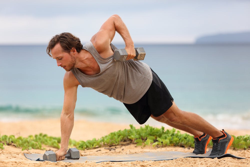 plank row dumbbell exercise beach outdoor workout
