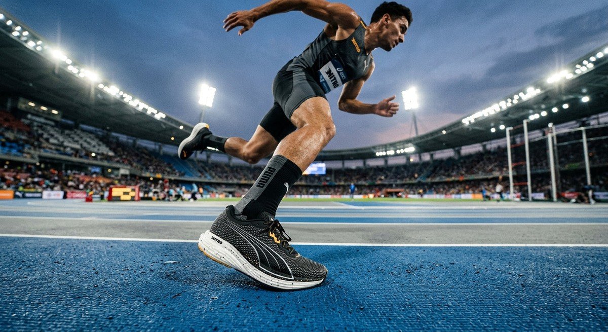A professional action shot of the Puma Velocity Nitro 5 in motion, showing sharp details of the nitrogen-infused foam midsole and engineered mesh texture under cinematic stadium lighting.