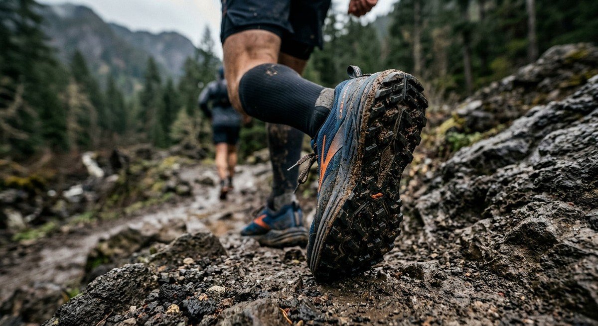 A close-up shot of the Brooks Cascadia 19 tread pattern showing deep, aggressive rubber lugs designed for mud and rocky terrain.