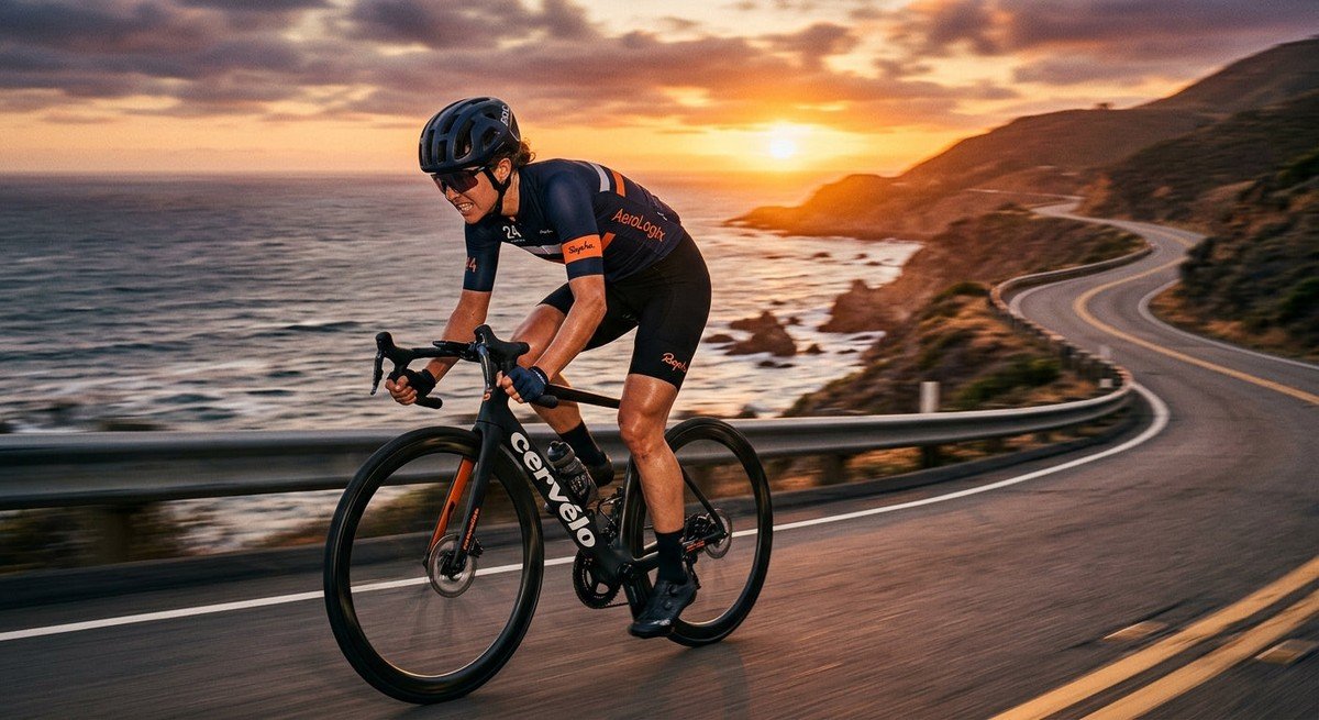 A professional cyclist in aerodynamic gear sprinting on a winding coastal road during a golden hour sunset with motion blur.