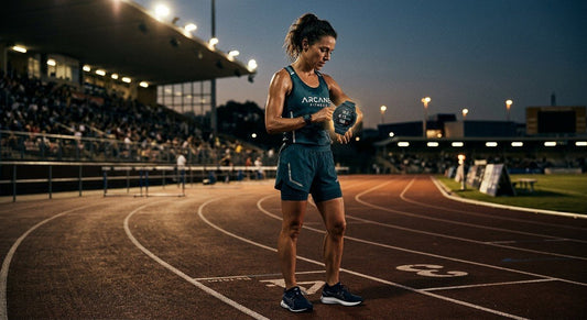 A runner checking a GPS watch on a track with dramatic cinematic lighting